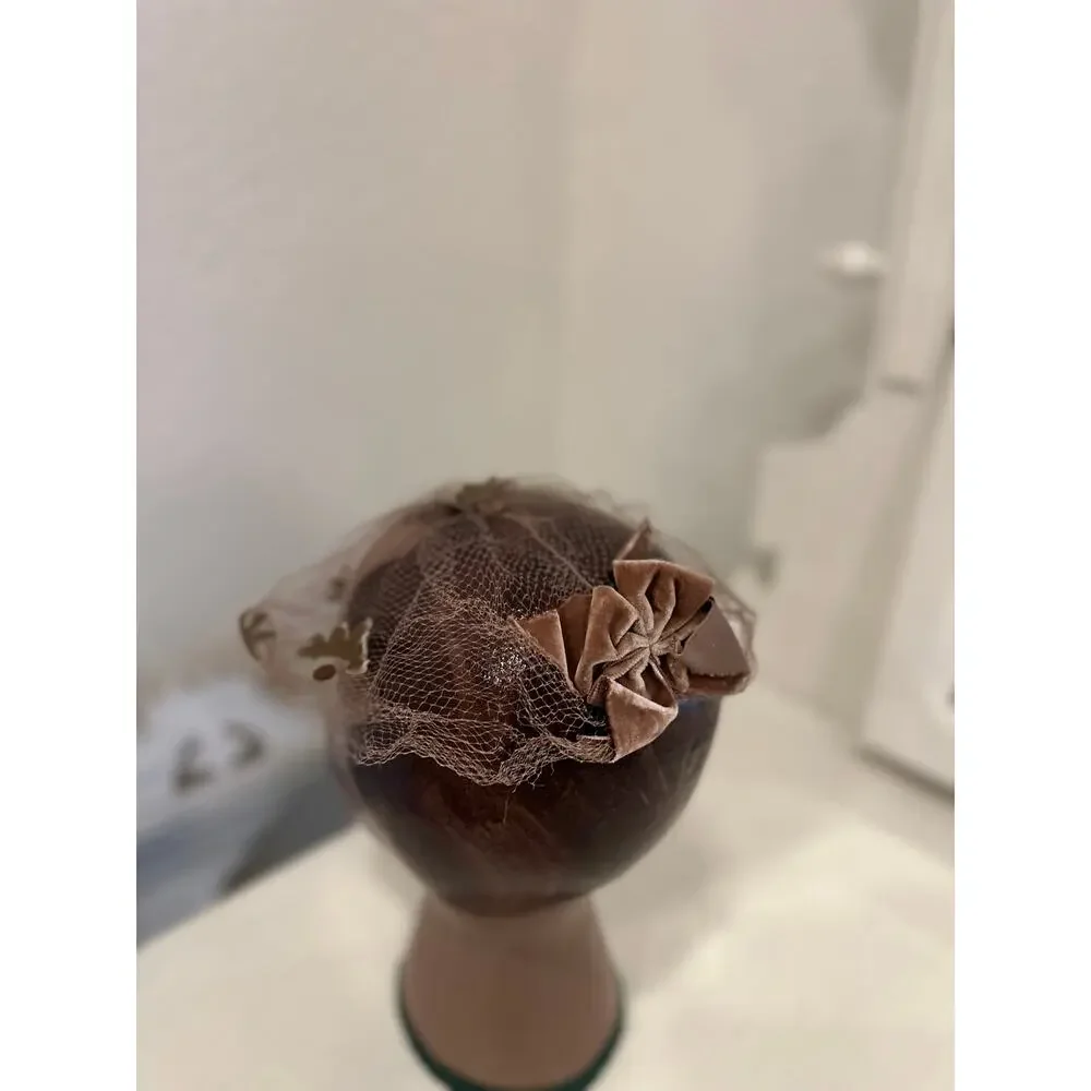 Vintage Hair Net Brown 1950s Veiled Fascinator Netted Bow Floral Cocktail Hat